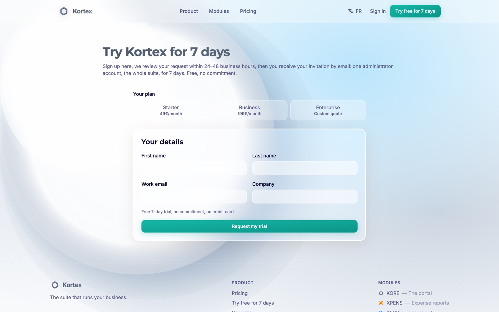 Formulaire de demande d'essai de Kortex